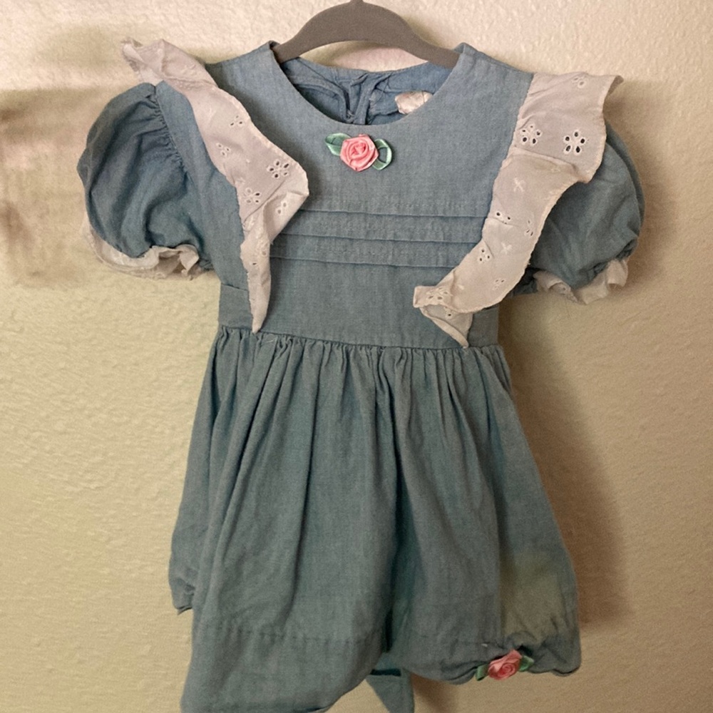 Vintage 1980s infant dress 12 month chambray rosette denim lace